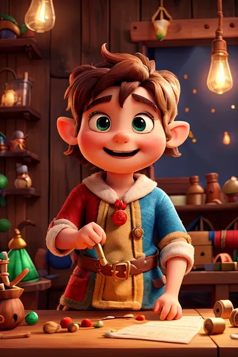 The elves work tirelessly in Santas workshop, crafting intricate toys from wood, cloth, and metal. They sing cheerful songs as they hammer, saw, and sew, their little hands moving with precision, 4k, cute pixar style, story book for s, colorful, fantasy, s...