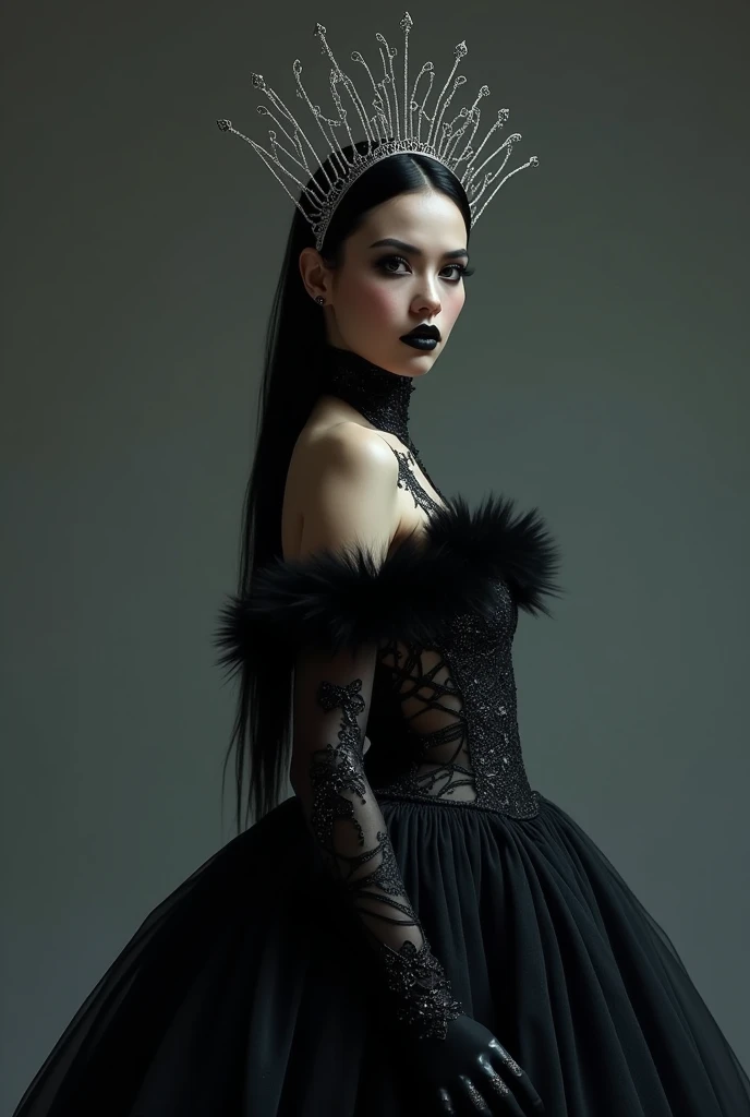 Olivia Rodrigo, 1girl, ball gown black dress with white webs, long black gloves, silver web crown, gothic makeup, black lips, %100 realistc  