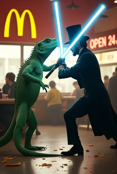 An iguana fighting with Lincoln,with starwars swords,Inside a MC Donals