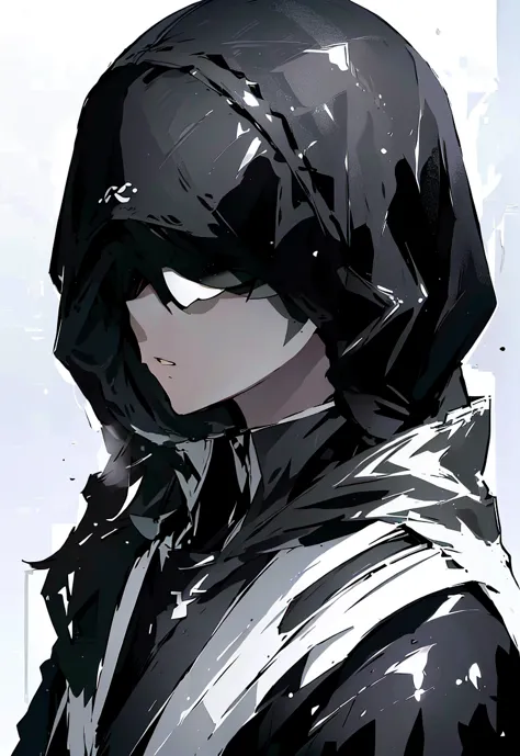 ((( white background, good eyesight 、 viewer with strong eyesight ))), ((  hood to cover face  ,only the mouth is visible from t...