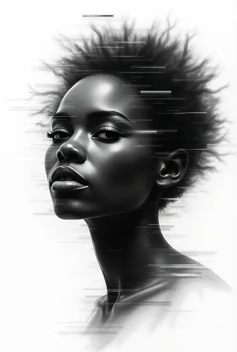 A black and white drawing depicting the image distortion of a black woman on the Internet