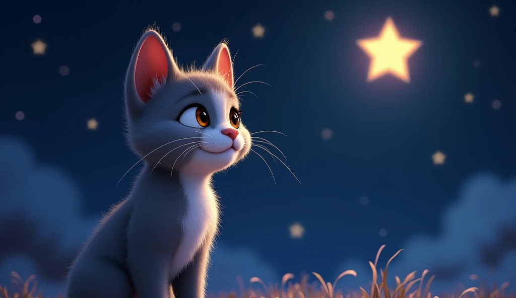 Mel, a beautiful kitten with bright brown eyes and gray fur, expressive feline features, she is looking at a bright star in the night sky, pixar style