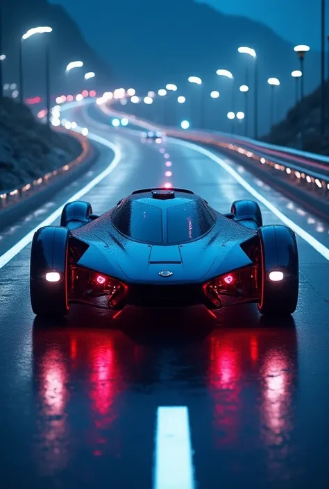 A blue Trailblazer with red lights underneath,  an explorer LED bar and background on an illuminated highway 