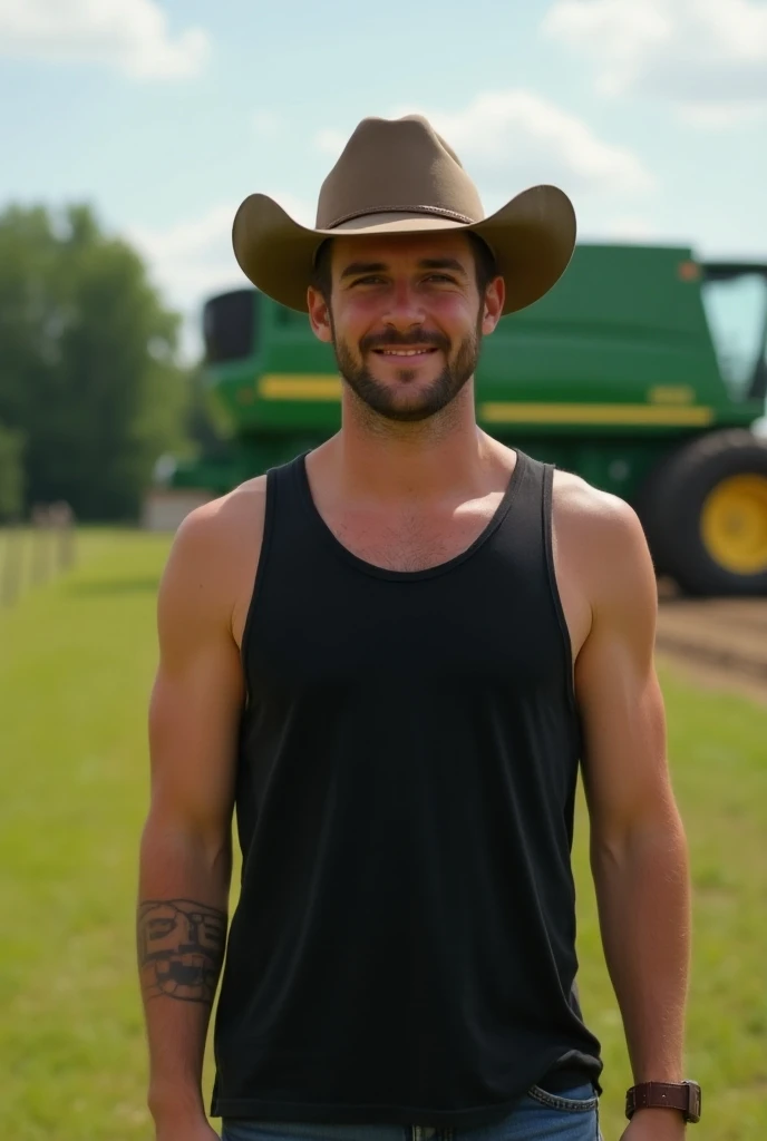 Generate an image size 9 : 16 a young man at the Yellowstone Dutton Ranch with a green background harvester,  hes wearing a black tank top with no print and a country hat . Highlight the tank top because Im going to add a print .  It captures the casual an...