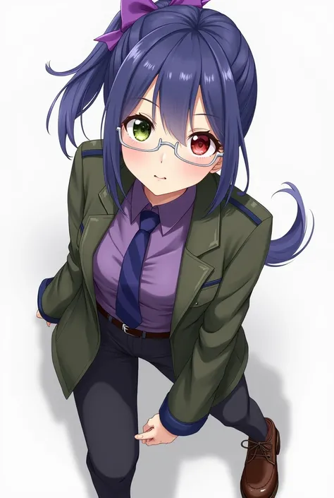  Dark Blue Ponytail with Purple Bow、 Different Color Eyes （Left red、Right olive green）、 Silver Frame Glasses 、full body prosthesis、 Purple Suit Shirt with Dark Blue Tie 、 black trousers 、Army Green Jacket 、Brown leather shoes、 Anime Style、 high-resolution 