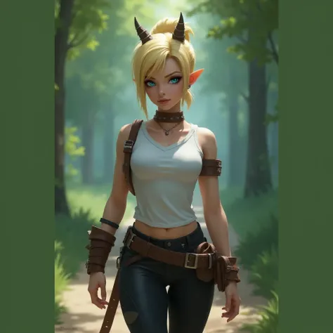 World of Warcraft, Jill Valentine, good girl face with purple eyes, blonde, half hair with pompadour at the back, drachtyr ears with multiple piercings, black eyes make up, 170cm height, subtle little horns emerging from the head towards the back, park, ns...