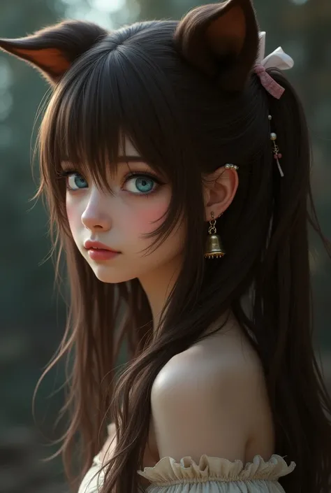 Solo, Looking at viewer, Long Hair, Blue eyes, Bangs, Brown Hair, Ribbon, Animal Ears, Jewelry, Very Long Hair, Twintails, Hair Bow, Earrings, From Side, Mask, Bell, 