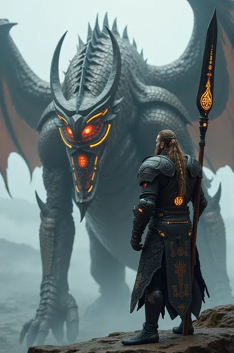 "A towering, futuristic Viking warrior stands beside a massive, mechanical dragon white. The Viking wears high-tech armor adorned with glowing runes and intricate engravings, with pieces resembling dragon scales crafted in sleek, dark metal. His braided ha...