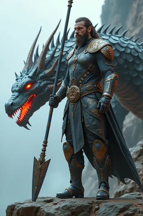 "A towering, futuristic Viking warrior stands beside a massive, mechanical dragon white. The Viking wears high-tech armor adorned with glowing runes and intricate engravings, with pieces resembling dragon scales crafted in sleek, dark metal. His braided ha...