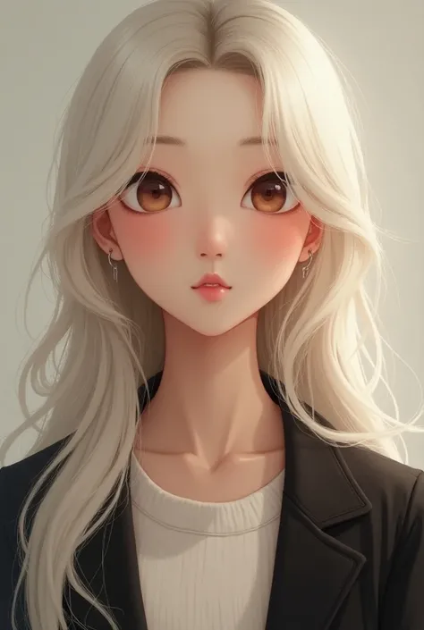 Realistic Asian, slim,  with long platinum blonde hair, brown eyes and a black jacket,  smiling 