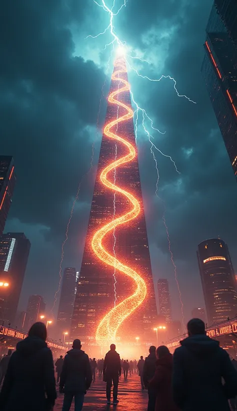 A dramatic scene of a massive stock graph with glowing lines spiraling upwards, piercing through the dark, stormy backdrop of a trading room. The glowing lights intensify with every spike in the graph.