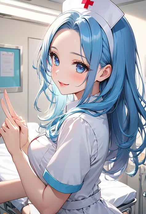 (panoramic), (cute and delicate), (immensely beautiful illustration), (solo, profile), (beautiful forehead) (beautiful vivid blue hair beauty long hair), (best cute girl), (best cute blue eyes) (cute glossy lip), ((cute makeup)), (love smile), (best cute s...