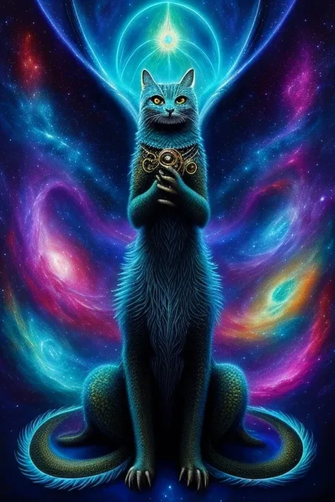 Oil painting depicting a furry, feathered extraterrestrial with the bodily contours of a dragon and the endearing face of a puppy, large blue eyes peering out, a long tail swaying, amidst a cosmic astral nebula crafting an atomic ambiance, surreal masterpi...