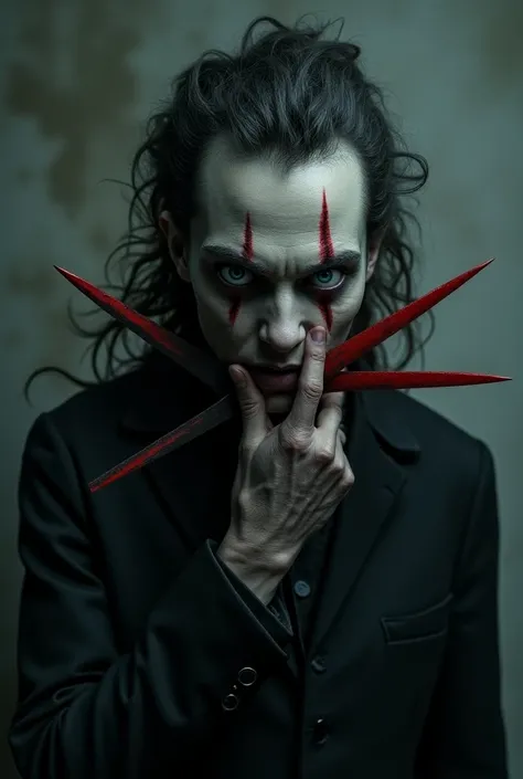  Create a character with gray skin with red scissors on the neck , chin and hands (  remembering that the texture of the red part is smoky in the corners and dark on the edge ),  he will have a very murderous eye with two cuts at the height of the eyebrow ...