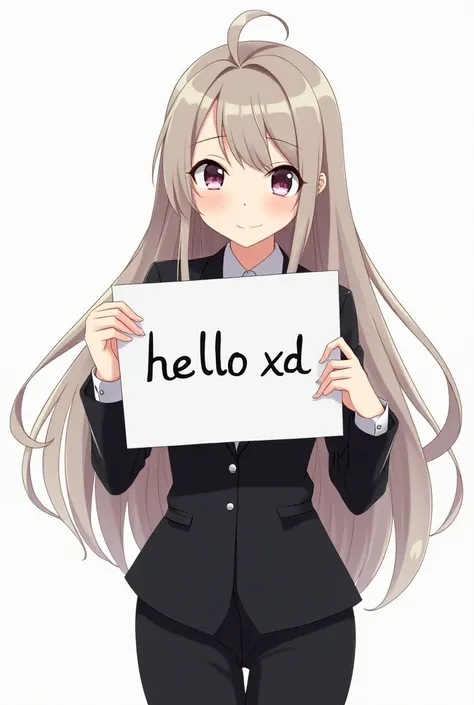 An anime girl,  long hair , dressed in an elegant suit wearing a tie with a sign in her right hand saying "Hello XD "  and showing it to the spectator 