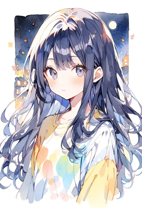 Spicky style,watercolor colorful,hinata,girl,age 16,solo,dark blue hair,long straight hair,grey eyes,at night,hinata hyuga