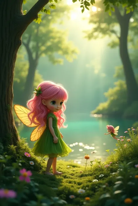  A pink-haired girl with a fairy in a leaf-like dress, The two of them in a forest facing a lake 