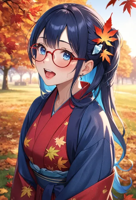 (best masterpiece, high resolution:1.5), (8K, RAW photo, fisheye effect, perfect anatomy, golden ratio:1.3), pointillism, professional photography, gaze, lone Japanese idol, (realistic:0.5 ), (Eating blue cheese: 1.5), (Autumn leaves pattern, red yukata: 1...