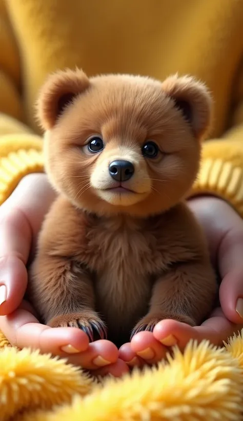 (( best quality)), ((masterpiece)), A very small Brown bear, just enough to fit in both hands. A baby bear with fluffy fuzzy fur. Sitting on a fluffy yellow blanket with a cute belly. Real bear, live action.