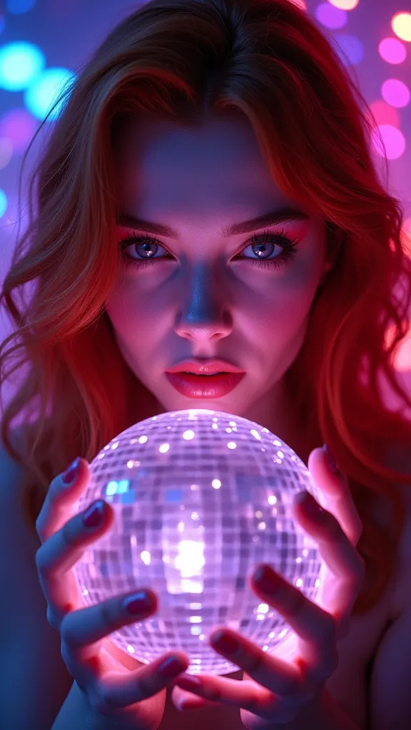 portrait of a red-haired woman holding a mirror ball in a futuristic setting .  the lighting is predominantly in shades of purpl...