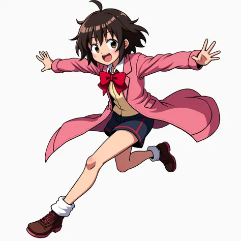 My hero academia, girl, girl, long closed pink jacket, red bow on the neck, dynamic pose, short brown hair, white leg warmers, my hero academia, full body