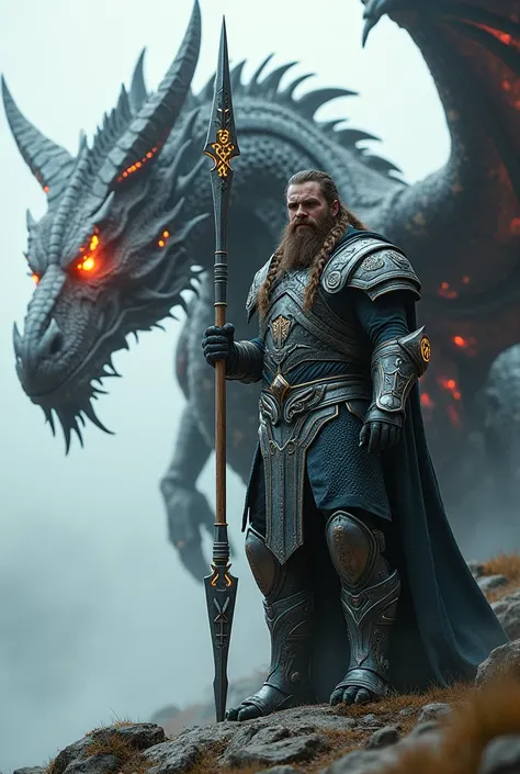 "A towering, futuristic Viking warrior stands beside a massive, mechanical dragon white. The Viking wears high-tech armor adorned with glowing runes and intricate engravings, with pieces resembling dragon scales crafted in sleek, dark metal. His braided ha...