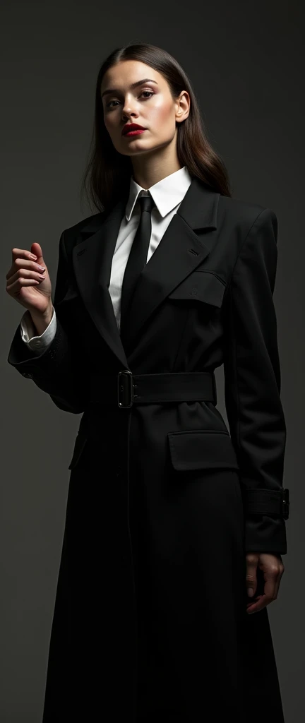 female,  long trench coat black suit ,  white shirt underneath , tie, aggressive, assertive, swagger attitude,  Photorealistic, 8 k,  ultra-detailed ,  studio lighting,  Highly detailed face and eyes,  intricate details,  contrasting lighting ,  dramatic l...