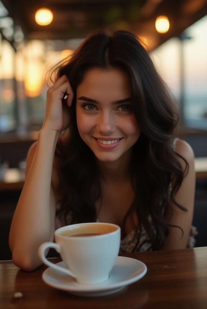 Beautiful and cute black hair with blues eyes (drinking coffee in a modern cafe at sunset), muito detalhado, , innocent face, natural wavy hair, brown eyes, high definition, masterpiece, best quality, intricate details, muito  detalhado, sharp focus, detai...