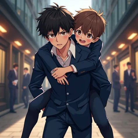 (Realistic: 1.37) (Best: 1.2), (Daily Life: 1.3), (Very Detailed: 1.4), (Front view:2.5), (Realistic, Photorealistic, Photorealistic: 1.37), Thick Lines, Bright Colors, (Black Haired Boy Carrying Brown Haired Boy on His Back: 1.5), (Brown Haired Boy Clingi...