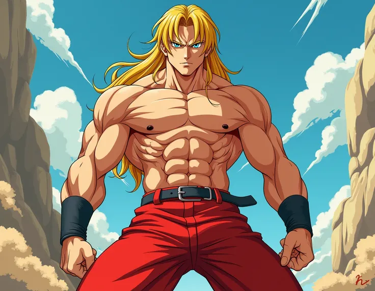 a man with a muscular build wearing red pants without endurance, straight yellow hair and blue eyes. Toei Animation type anime 