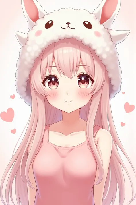 anime girl with long light pink hair, round bunny hat, small bunny ears, cotton lamb tank top, lovely pink face