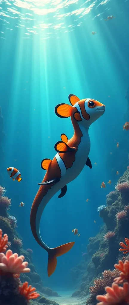 "A hybrid creature combining the sleek body of an eel and the vibrant features of a clownfish, swimming in a bright blue ocean. The creature has a long, sinuous eel-like body with smooth, dark skin, adorned with the striking orange and white stripes of a c...