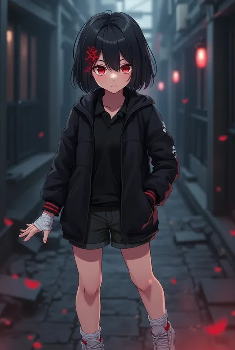  An anime teenage girl of about  , She has short black hair with two patches of red hair both on each side of her face,  she is somewhat introverted but with a lot of character , His face is somewhat serious ,  has light skin and red eyes shooting at a fuc...