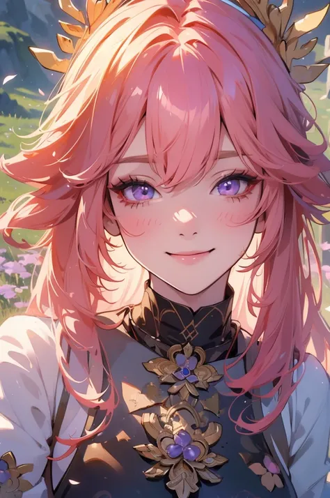 ((best quality)), ((masterpiece)), (detailed), (4k), (8K), Yae Mico, anime, make-up,  big, aesthetic eyes, posing,  smiling, in a meadow,  seen from below. (highly detailed textures), (highly detailed beautiful face)