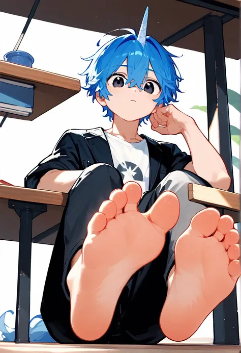  A cute boy sits at the table，Legs under the table ，Foot Focus， alone，Low Angle， black eyes，barefoot， blue hair ，Bangs between eyes，头上有一个蓝色的Unicorn，Unicorn， black eyes，White T-shirt，Black jacket， black pants，