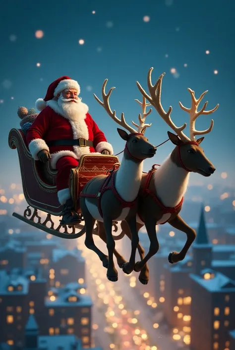 Santa Claus flying his reindeer through the city