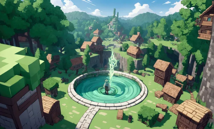 Minecraft characters Rick and Morty exit a big green swirling portal and begin to explore a Mincraft town with a forest nearby
