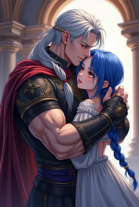 ((light novel ,Hinoki Kino style, anime style)) (masterpiece highest quality, highest quality, official art beautiful, beautiful:1.2) masculine and muscular man, purple eyes, silver hair, fantasy noble clothes hugging his younger teen age sister Braided bl...