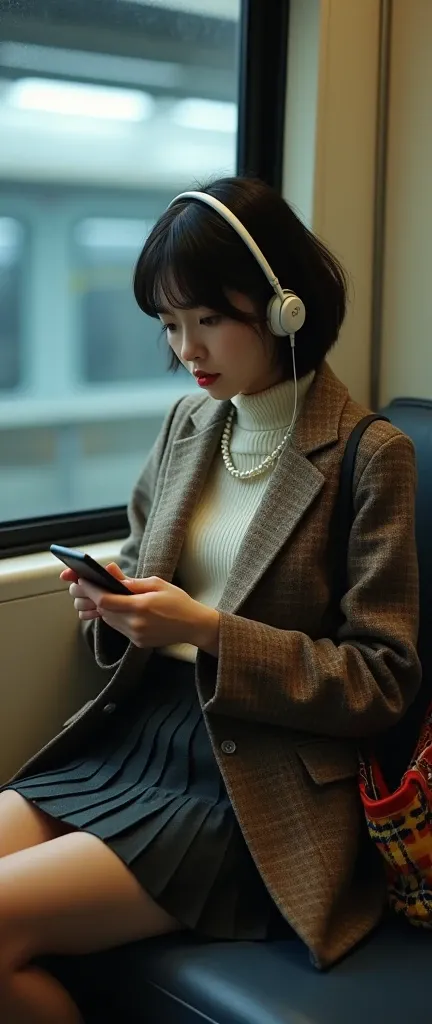 (8k,  photorealistic, Original photo,  High Quality: 1.4), beautiful Japanese idol-like girl ,18 years old,Model,1 person,( short bob hairstyle full of patience juice),(Black Hair),Clear grey eyes,Long eyelashes,(piercings( smaller)),( headphones(White,SON...