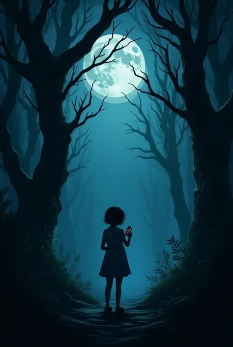 Midnight Forest Meeting:
A young girl stands alone in a dense, dark forest at midnight, holding her phone. Her face shows fear as she stares into the shadows, where a faint, ghostly figure can be seen lurking among the trees. The moonlight filters through ...