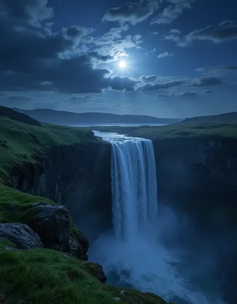 masterpiece, (((highest quality))),landscape, Dark Night, Bright Moon, Weak Star, cliff, The wind is blowing, Green Grass, Fantasy,  Magical World, waterfall,