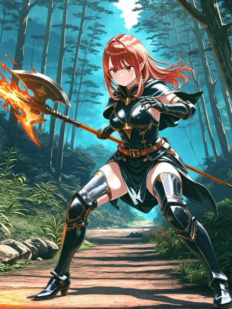 (osakana (denpa yunyun):0.85), (harusame (rueken):0.6), (3D:1), (jaggy lines:0.75), highres, a serious female dwarf witch knight wearing formal clothes while fighting, military, fantasy, holding polearm, flaming weapon, (plump:0.6), (muscular:0.6), mechaba...