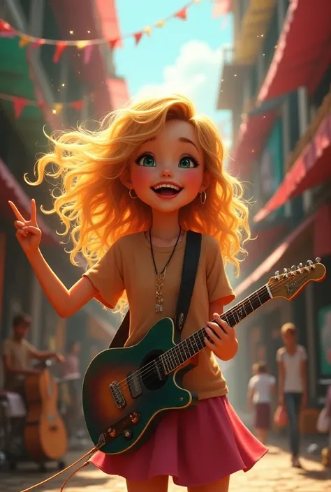 Blonde girl, fun, happy, smile, girl, mask, guitar, rengent, peace, HD, real, drama, sparkles