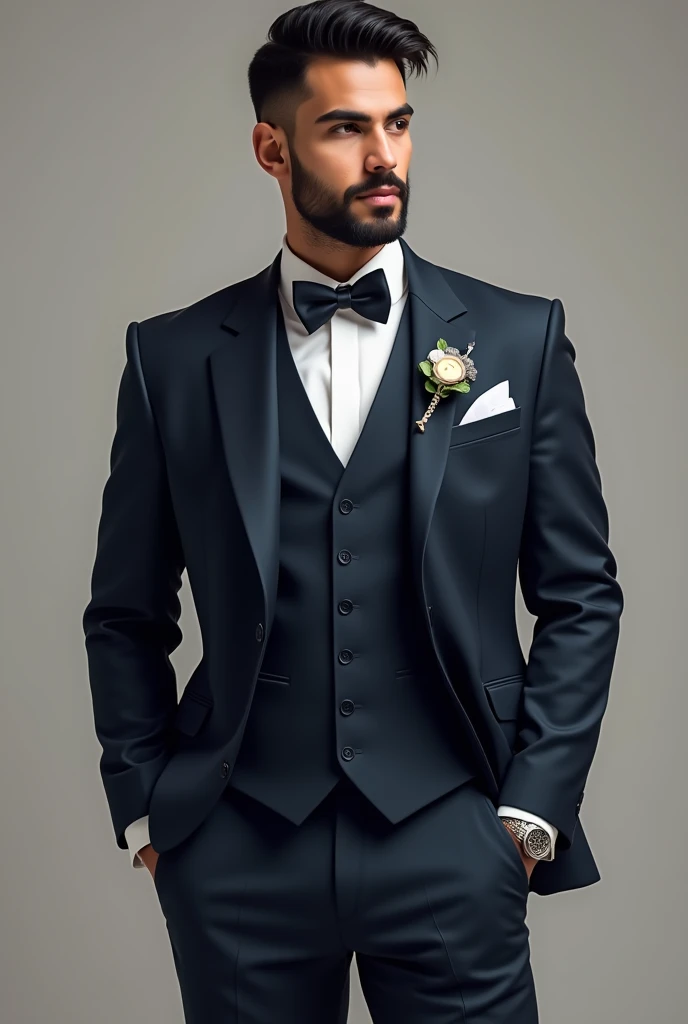 A 26 years groom in medium skin tone with black hair. He must be wearing a dark navy blue 3 piece Wedding suit with same colour waist coat & trouser. The shirt must be in white. The shoes are in brown & the belt is also brown . Tie bar, Clothing suit & lap...