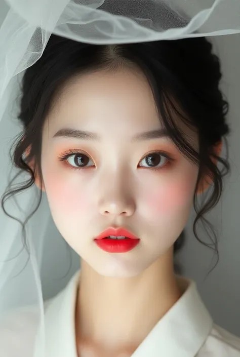 a close up of a woman with a red lipstick and a white veil, popular south korean makeup, popular korean makeup, young adorable korean face, wan adorable korean face, young cute wan asian face, kawaii realistic portrait, girl cute-fine-face, with round face...