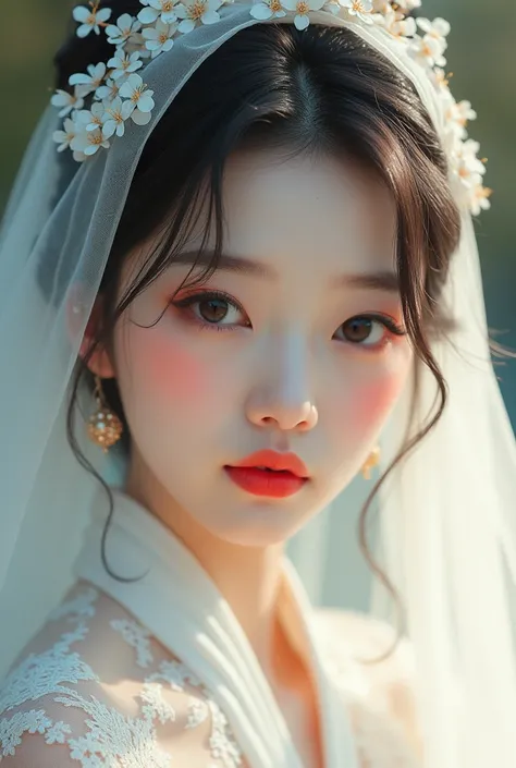 a woman with a red lipstick and a white veil, popular south korean makeup, popular korean makeup, young adorable korean face, wan adorable korean face, young cute wan asian face, kawaii realistic portrait, girl cute-fine-face, with round face, ulzzang, cut...