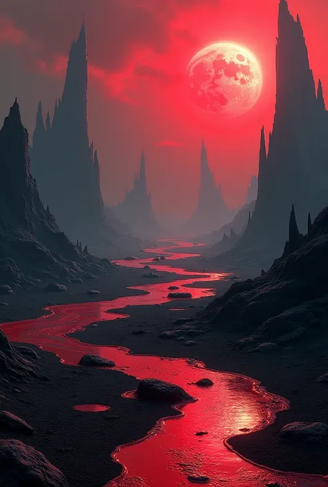 Red and black planet, black land, red water