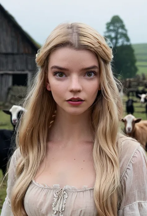 anya taylor joy,  long haired blonde , is "the witch" on the farm ,goats, radiant,natural background, environment, mysterious,  ...