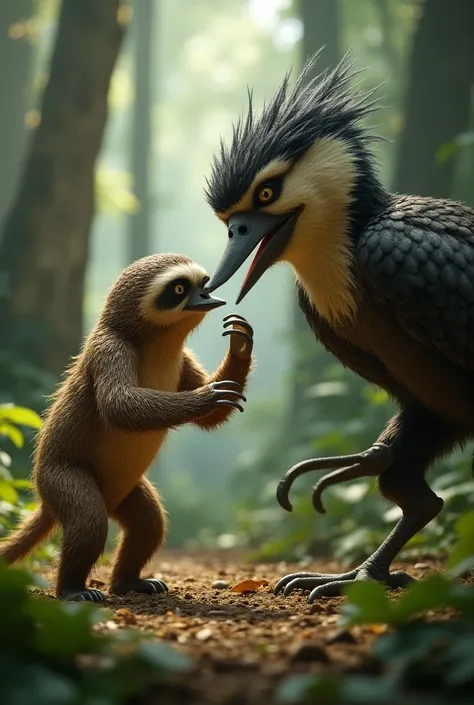 Create the image of Sid from the Ice Age fighting with the ultra-realistic woodpecker