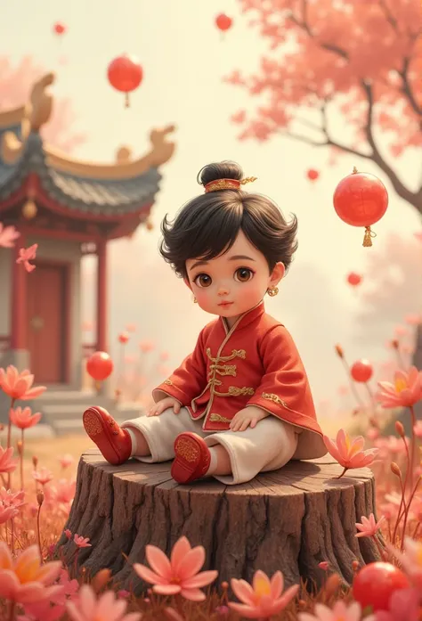 Chinese Baby Boy One Man Illustration、anime、High image quality、cute、llustration, Wearing an Antique Chinese Dress with Stuffed Hair,Put on vintage shoes,Sit semi-recumbent on a flower stump ,butterfly,Transparent Red Bubbles,Holding flowers,Ghiblistai , Th...